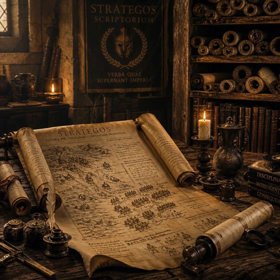 A scholarly library study — the atmosphere of Strategos Scriptorium